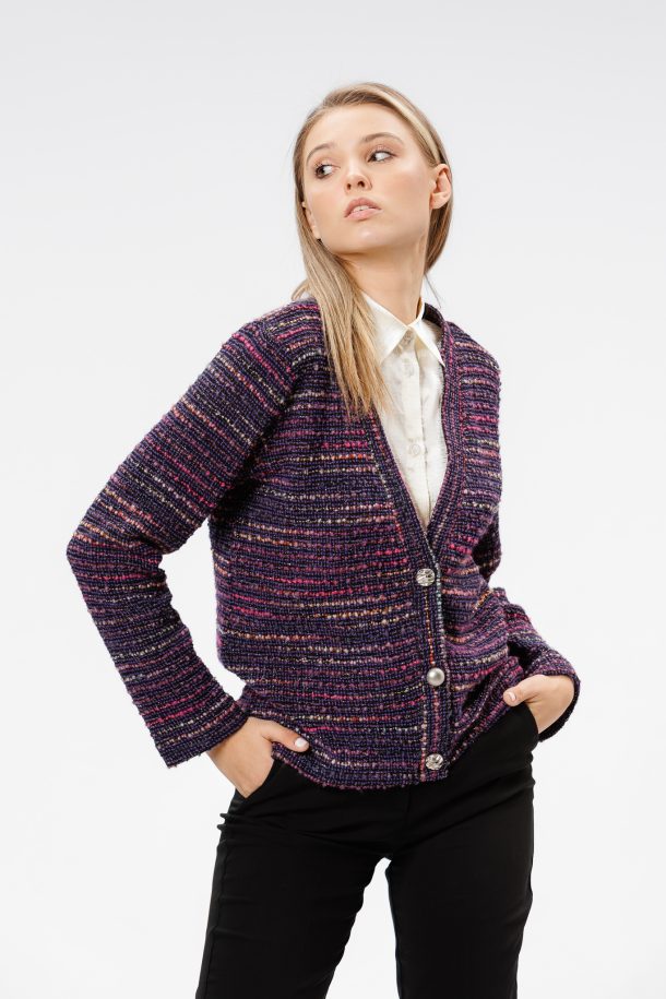 Cardigan cu nasturi, mov cu insertii multicolore RVL