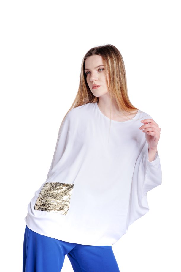 Bluza alba oversize cu buzunar din paiete RVL