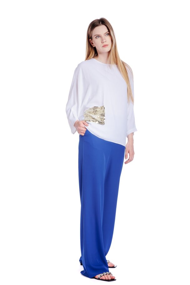 Bluza alba oversize cu buzunar din paiete RVL