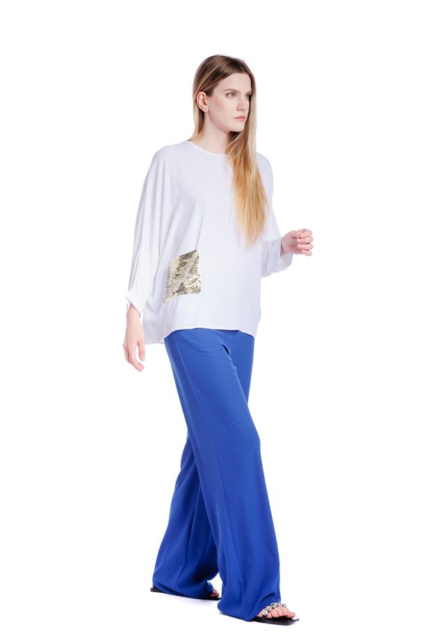 Bluza alba oversize cu buzunar din paiete RVL